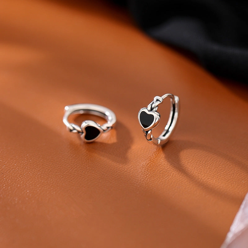Wholesale Silver Needle Black Heart Hoop Earrings