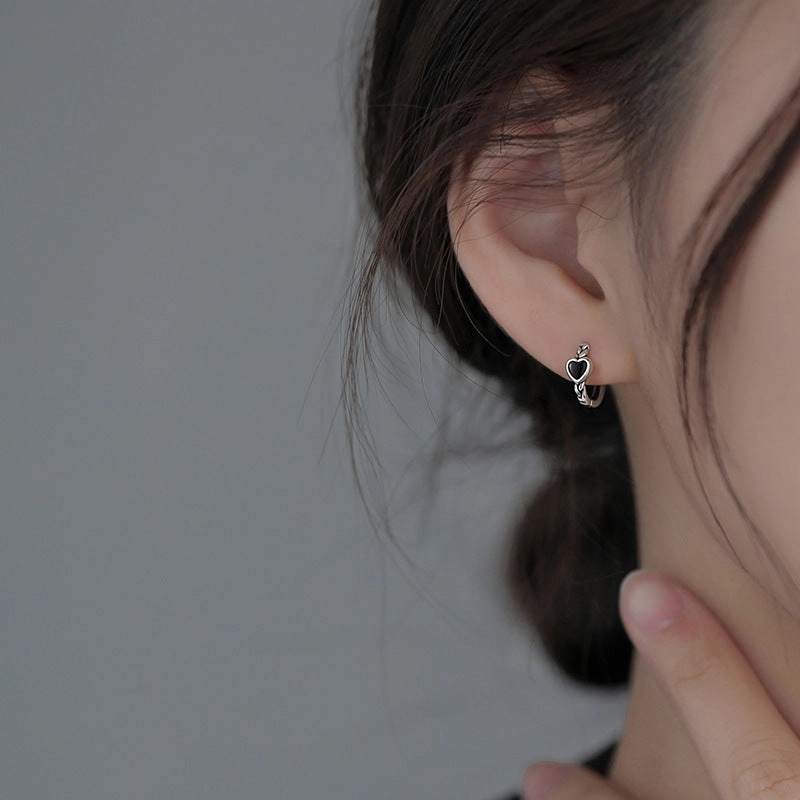 Wholesale Silver Needle Black Heart Hoop Earrings