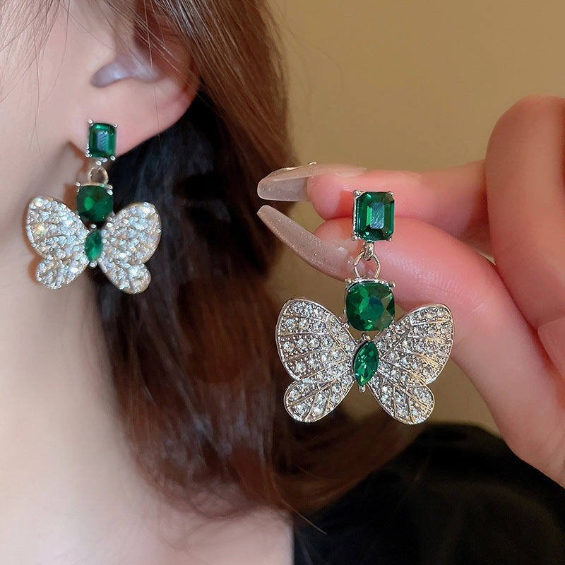Wholesale Silver Needle Diamond Butterfly Emerald Square Earrings Necklace Set