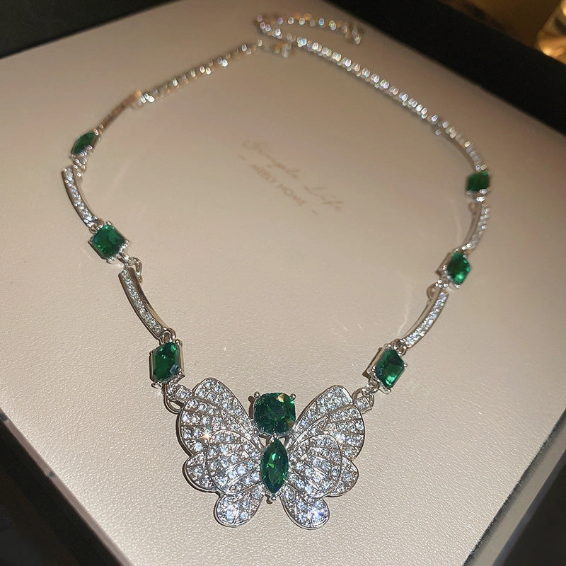 Wholesale Silver Needle Diamond Butterfly Emerald Square Earrings Necklace Set