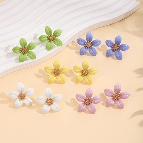 Wholesale Silver Needle Earrings Metal Spray Paint Five-leaf Flower Earrings