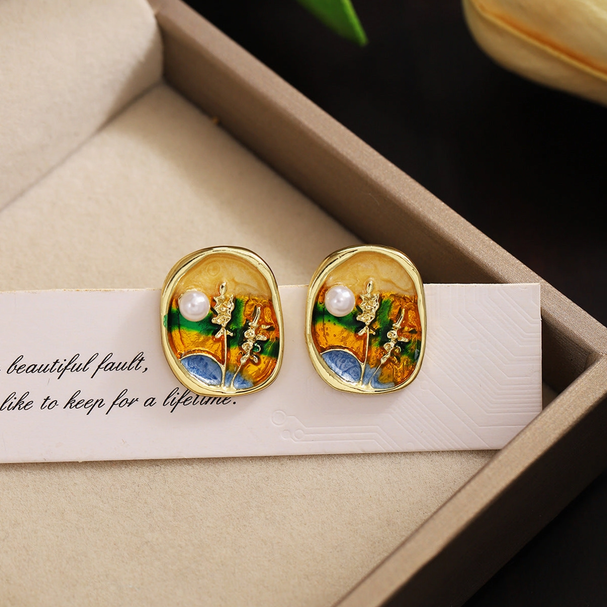 Wholesale Silver Needle French Retro Art Oil Painting Wheat Ear Earrings