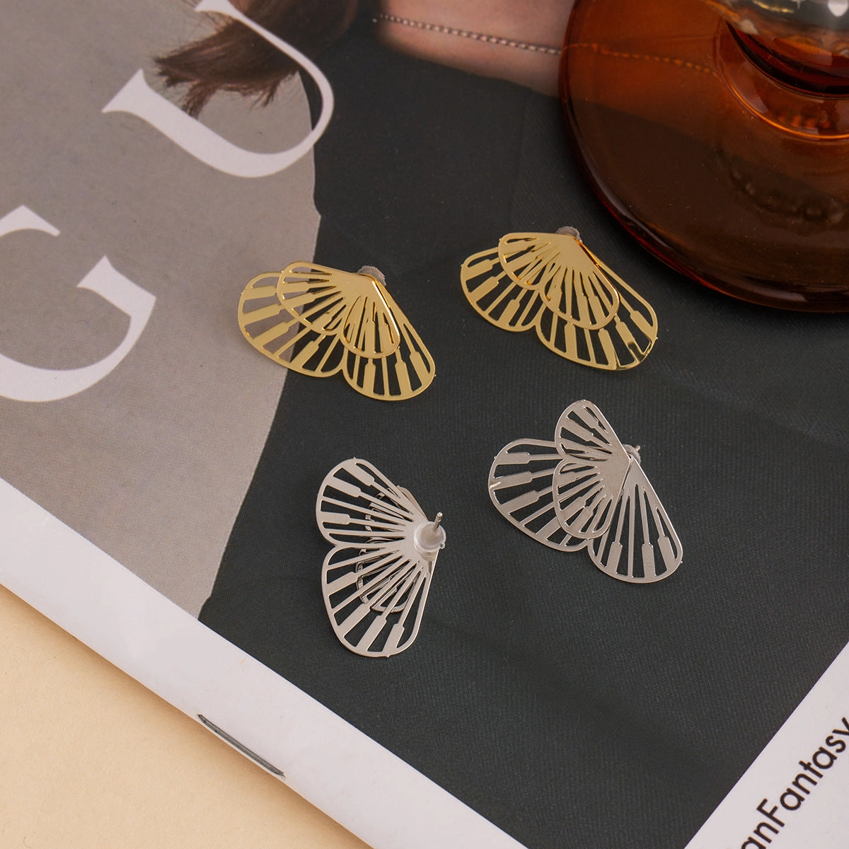 Wholesale Silver Needle Metal Style Hollow Fan Shape Butterfly Earrings