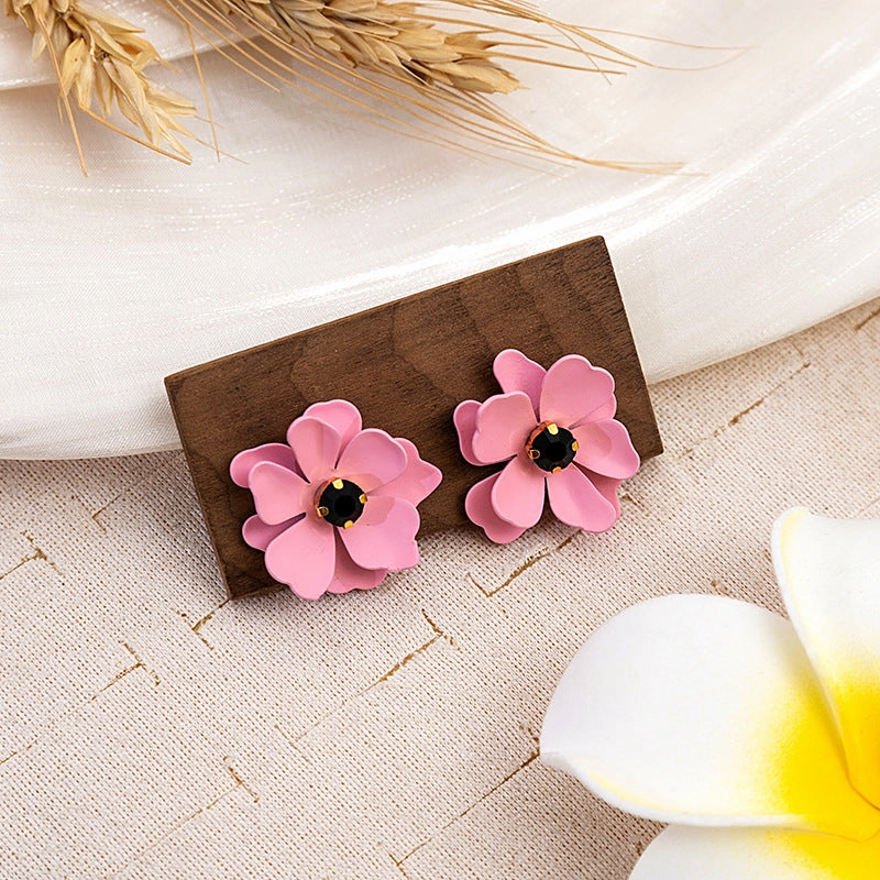 Wholesale Silver Needle Raspberry Red Lacquer Flower Earrings