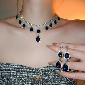 Wholesale Silver Needle Teardrop Diamond Sapphire Blue Earrings and Necklace Set