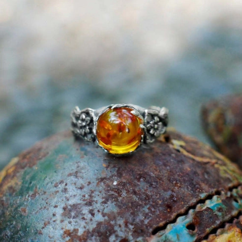 Wholesale Silver teardrop amber stone beeswax inlaid flower ring