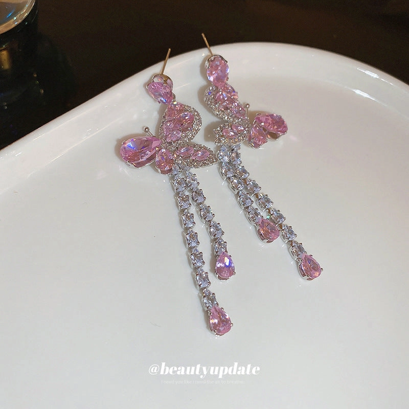 Wholesale Silver zircon pink butterfly water drop sweet long tassel earrings