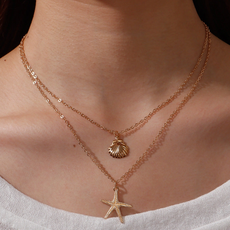 Wholesale Simple beach shell starfish five-pointed star double-layer necklace