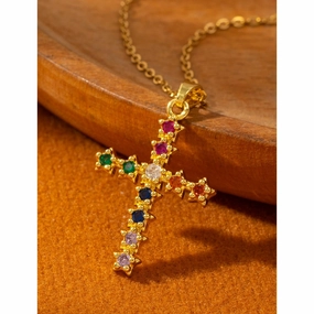 Wholesale Simple Color Zircon Star Cross Necklace Pendant All-match Niche Elegant  Clavicle Chain for Women