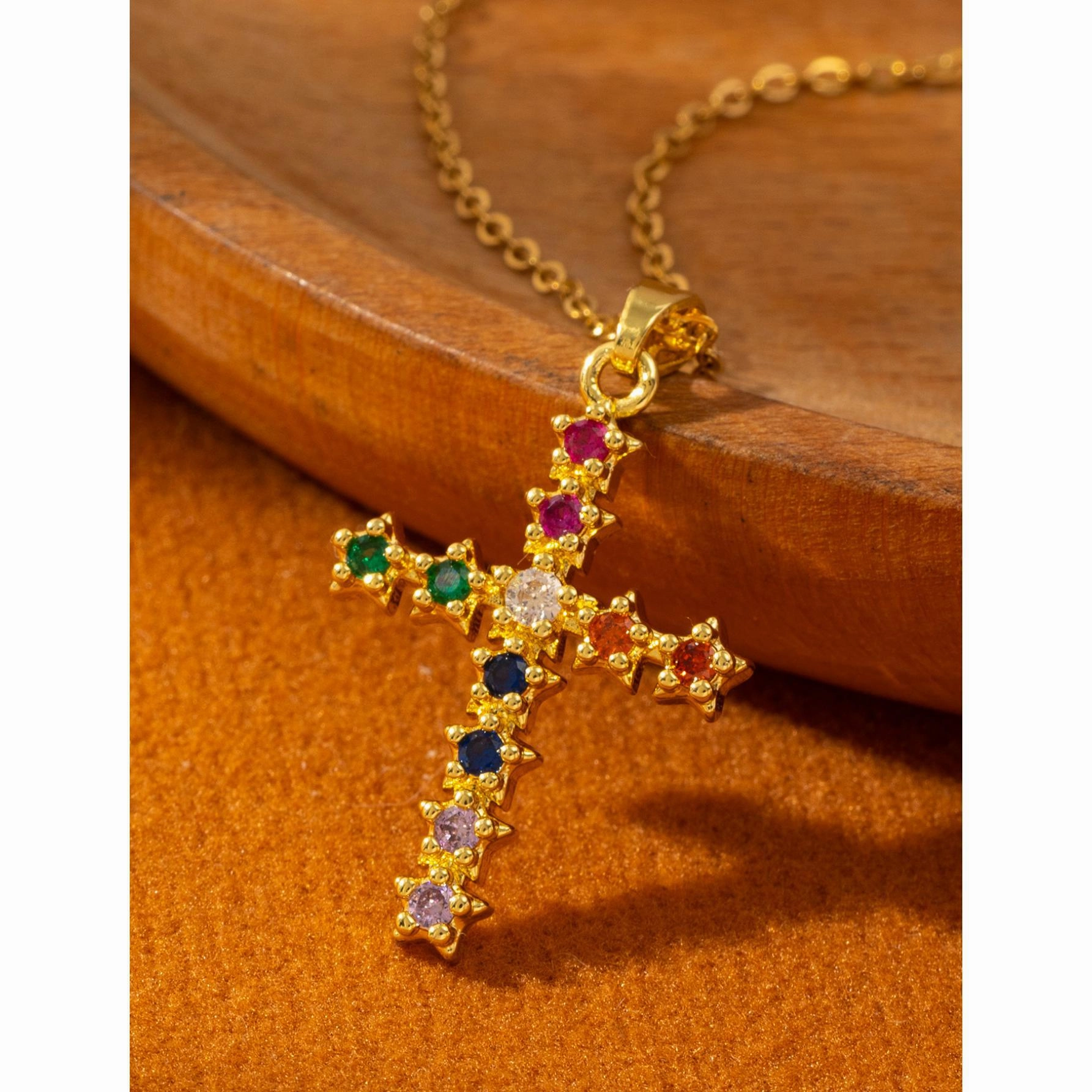 Wholesale Simple Color Zircon Star Cross Necklace Pendant All-match Niche Elegant  Clavicle Chain for Women