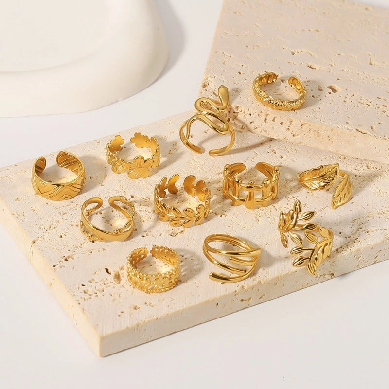 Wholesale Simple Leaf Geometric Hollow Flower 18k Gold-plated Snake-shaped High-end Multi-layer Titanium Steel Rings