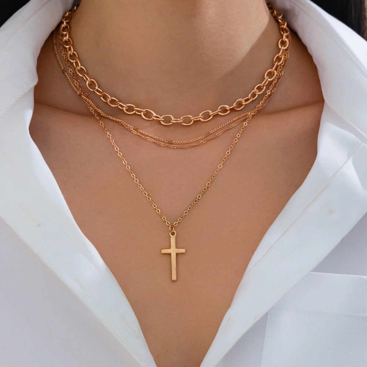 Wholesale Simple Metal Cross Versatile Multi-layered Chain Necklace