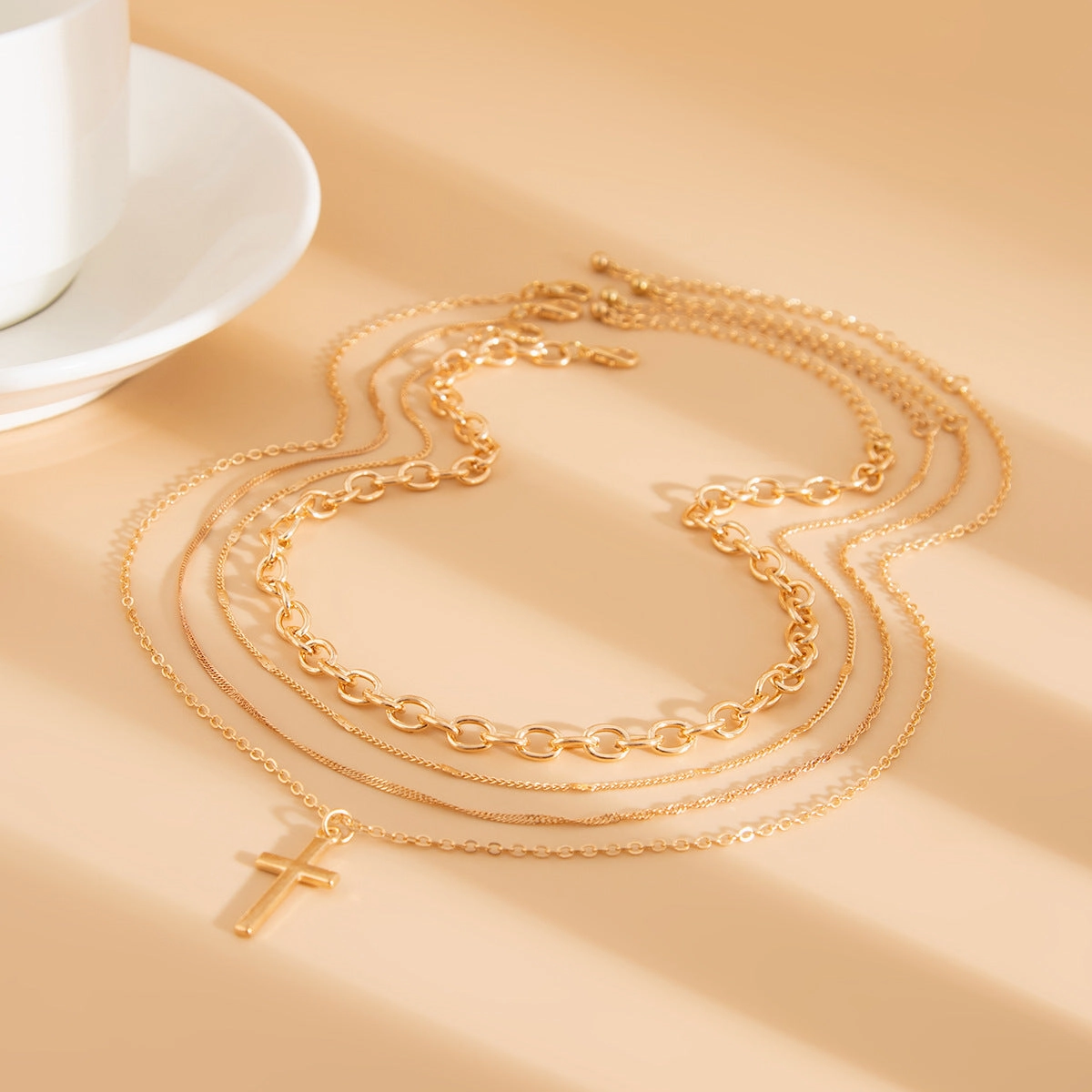 Wholesale Simple Metal Cross Versatile Multi-layered Chain Necklace