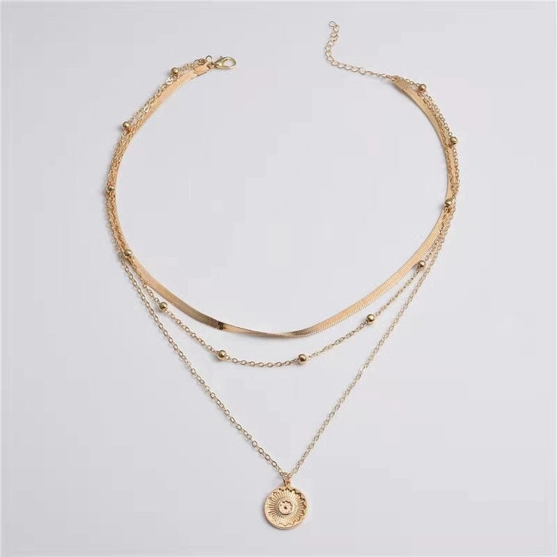 Wholesale Simple Multi-layer Lotus Pendant Gold Bead Disc Blade Chain Necklace Chain