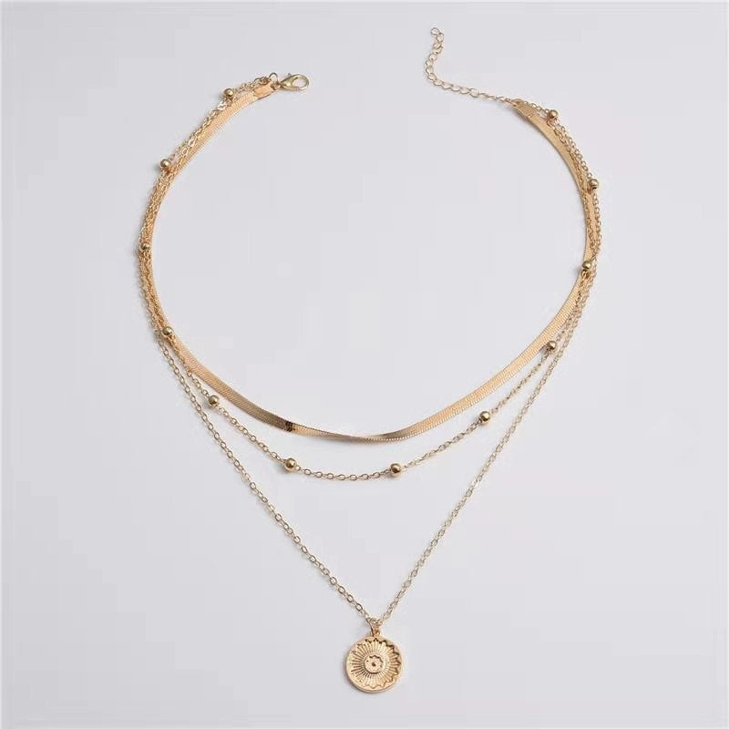 Wholesale Simple Multi-layer Lotus Pendant Gold Bead Disc Blade Chain Necklace Chain