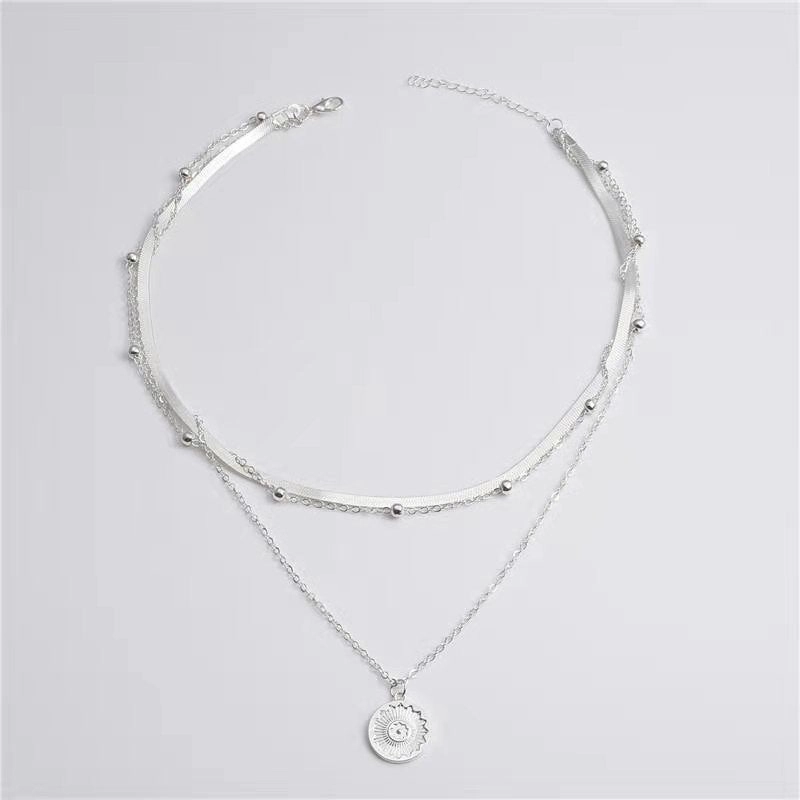 Wholesale Simple Multi-layer Lotus Pendant Gold Bead Disc Blade Chain Necklace Chain