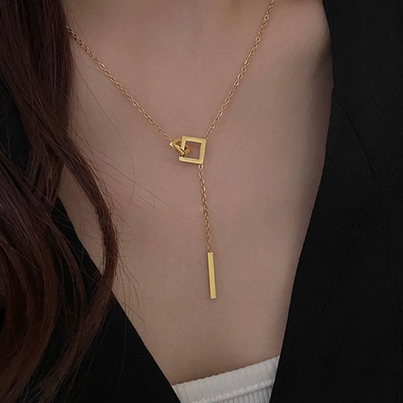 Wholesale Simple Temperament Square Geometric Tassel Titanium Steel Necklace