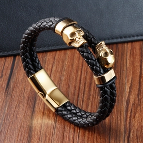 Wholesale Skeleton Stainless Steel Leather Multi Layer Men's Bracelets