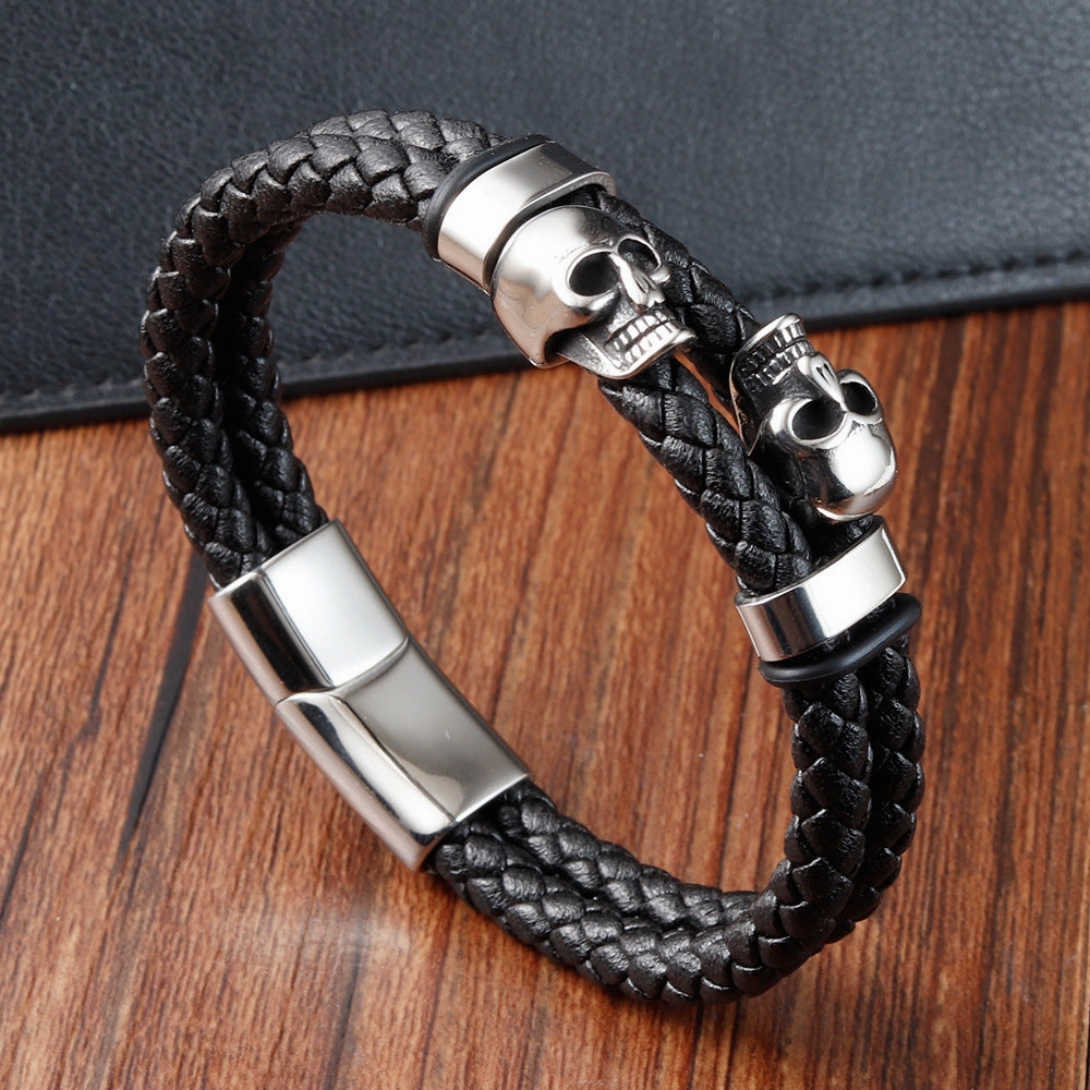 Wholesale Skeleton Stainless Steel Leather Multi Layer Men's Bracelets