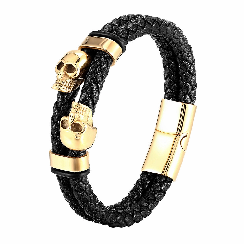 Wholesale Skeleton Stainless Steel Leather Multi Layer Men's Bracelets