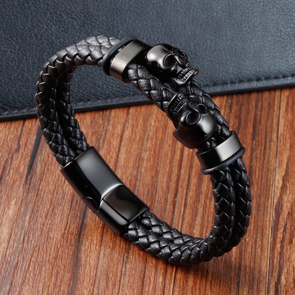 Wholesale Skeleton Stainless Steel Leather Multi Layer Men's Bracelets
