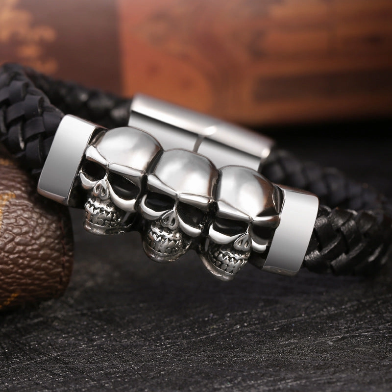 Wholesale Skull Stainless Steel Men's Leather Bracelets