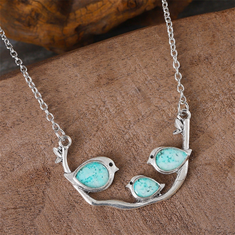 Wholesale Sky Blue Three Sparrow Retro Personality Creative Simple Jewelry Necklaces