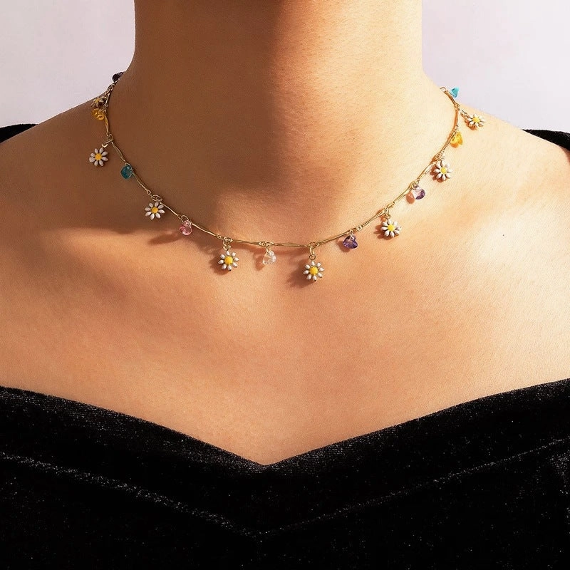 Wholesale Small Daisy Painted Drip Glaze Flower Clavicle Necklace