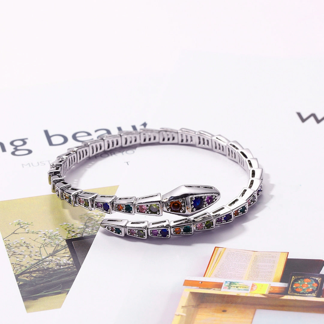 Wholesale Snake Bone Full Diamond Gold Plated Snake Shape Open Bracelet