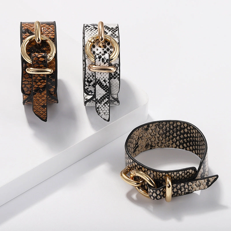Wholesale Snakeskin Pattern Wide Face PU Leather Adjustable Bracelet