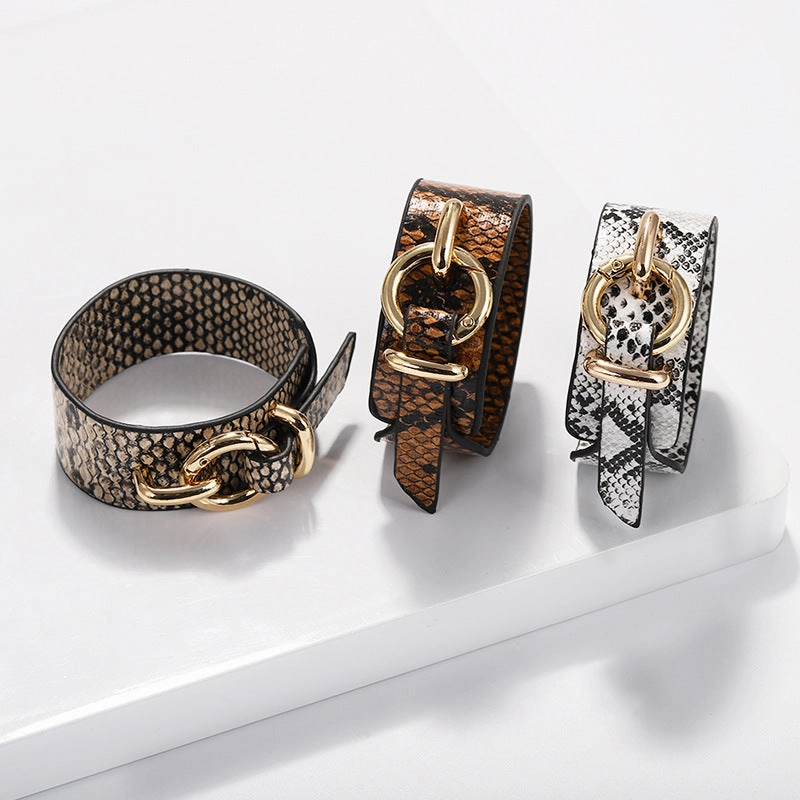 Wholesale Snakeskin Pattern Wide Face PU Leather Adjustable Bracelet