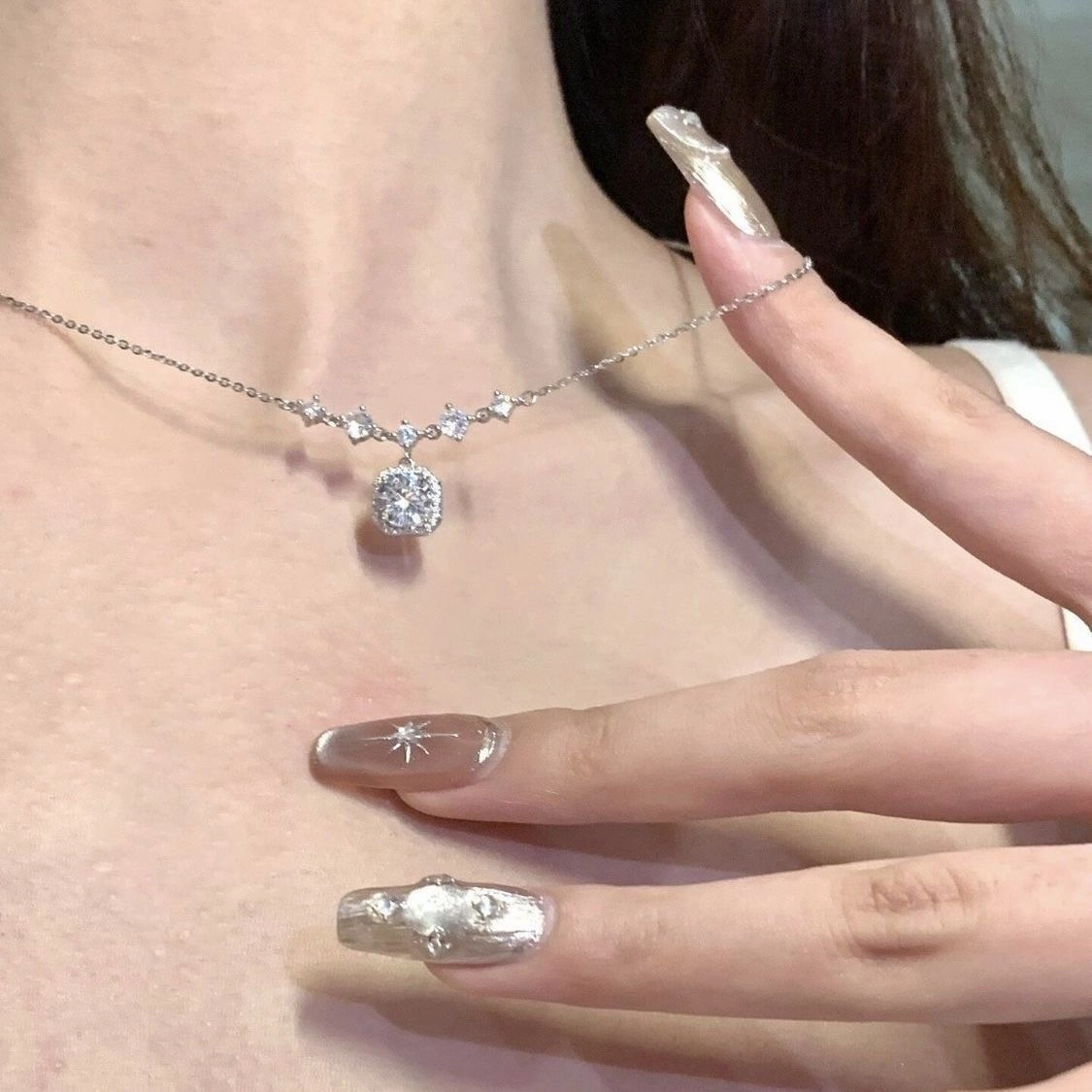Wholesale Square Diamond Zircon Necklace Women's Simple Light Luxury Pendant Collarbone Chain Tanabata Valentine's Day Gift