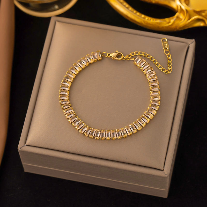Wholesale Square Zircon Stainless Steel Single Row Tennis Gold Plated Bracelet