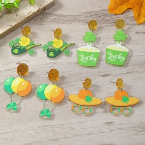 Wholesale St. Patrick's Day Acrylic Shamrock Hot Air Balloon Hat Cartoon Earrings