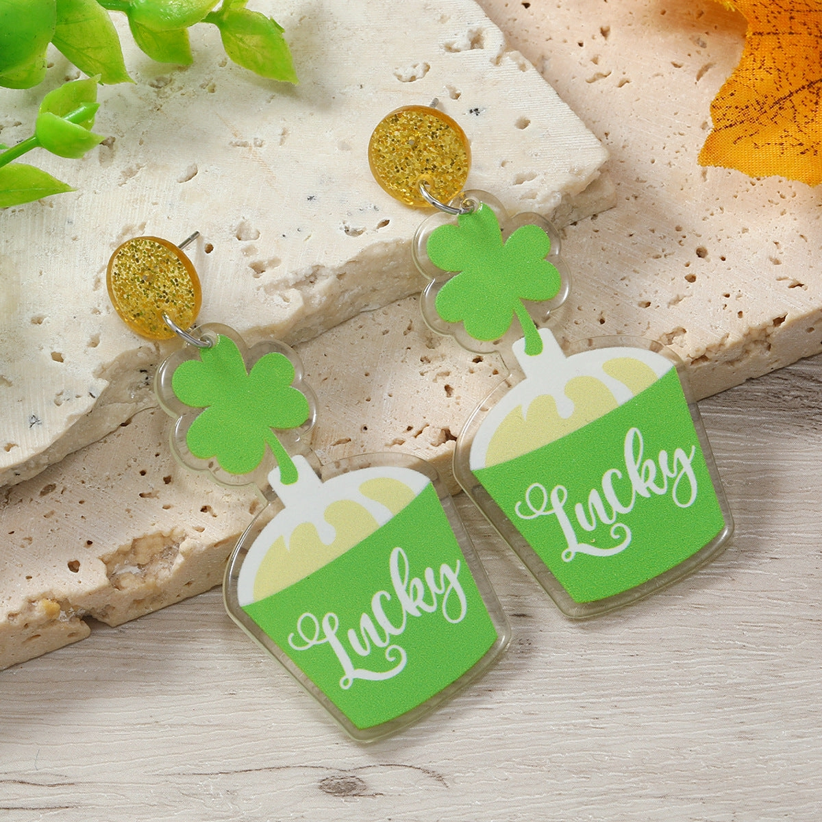 Wholesale St. Patrick's Day Acrylic Shamrock Hot Air Balloon Hat Cartoon Earrings