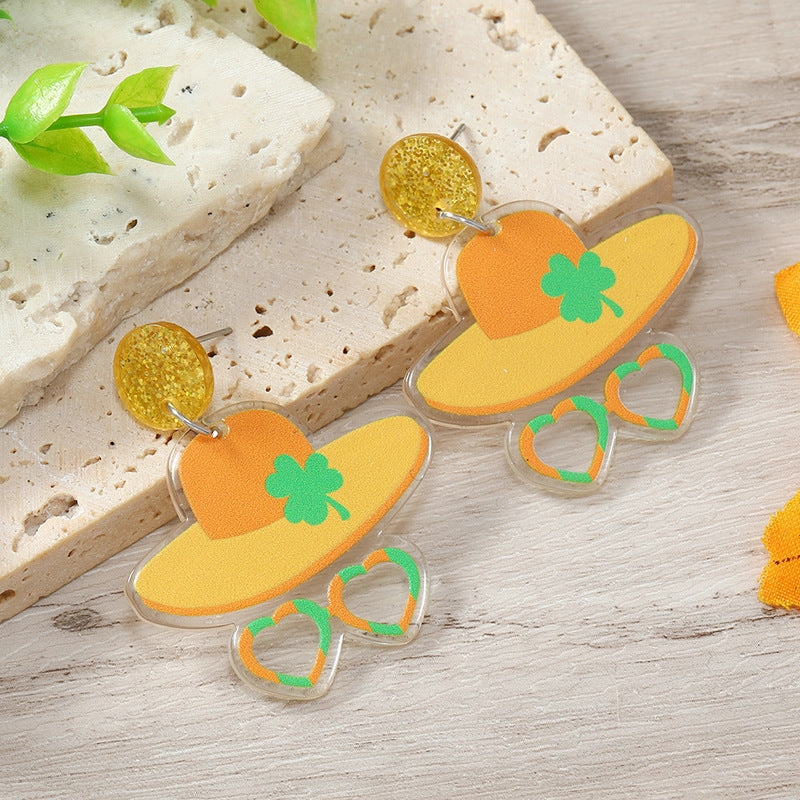 Wholesale St. Patrick's Day Acrylic Shamrock Hot Air Balloon Hat Cartoon Earrings