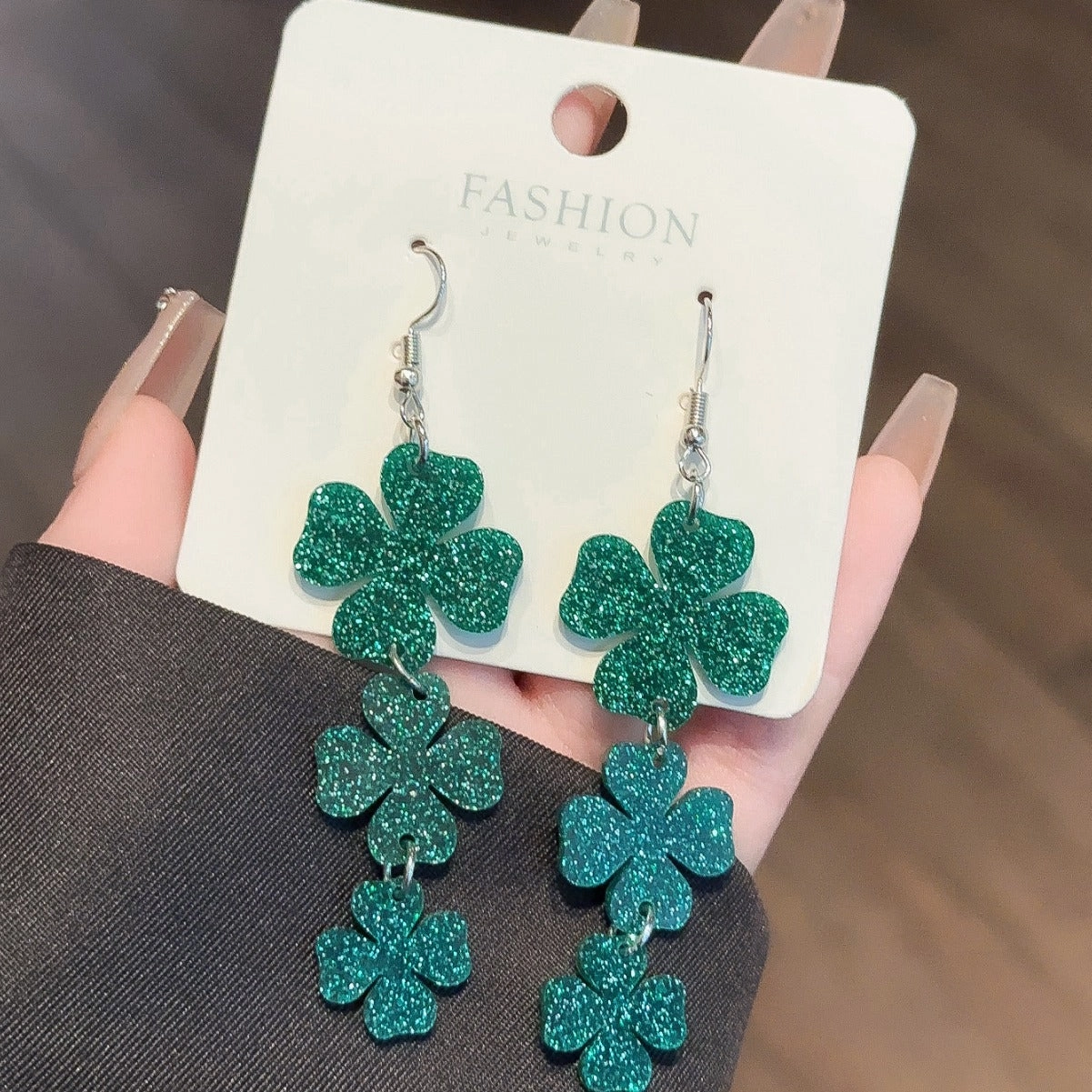 Wholesale St. Patrick's Day Carnival Green Four-leaf Clover Diamond Earrings