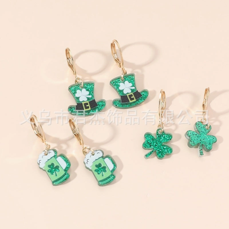 Wholesale St. Patrick's Day Carnival Personalized Green Acrylic Glitter Clover Earrings