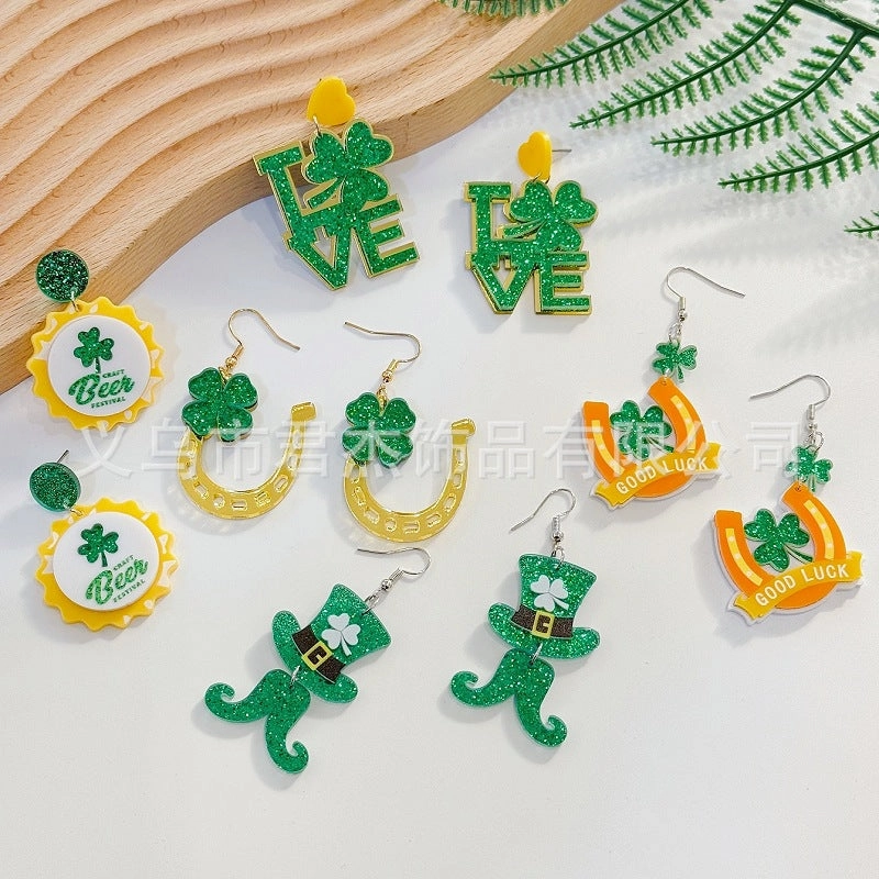Wholesale St. Patrick's Day Carnival Personalized Green Acrylic Glitter Clover Earrings