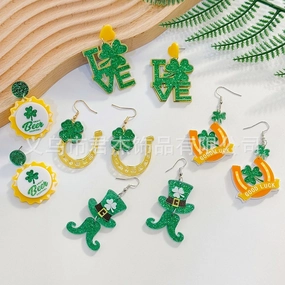 Wholesale St. Patrick's Day Carnival Personalized Green Acrylic Glitter Clover Earrings