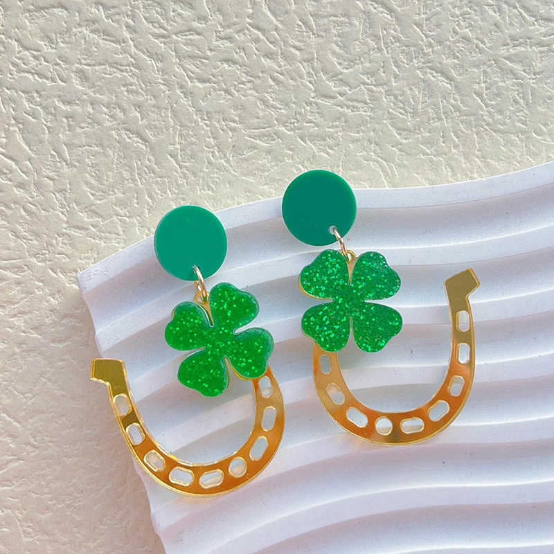 Wholesale St. Patrick's Day Irish Carnival Green Acrylic Glitter Clover Earrings