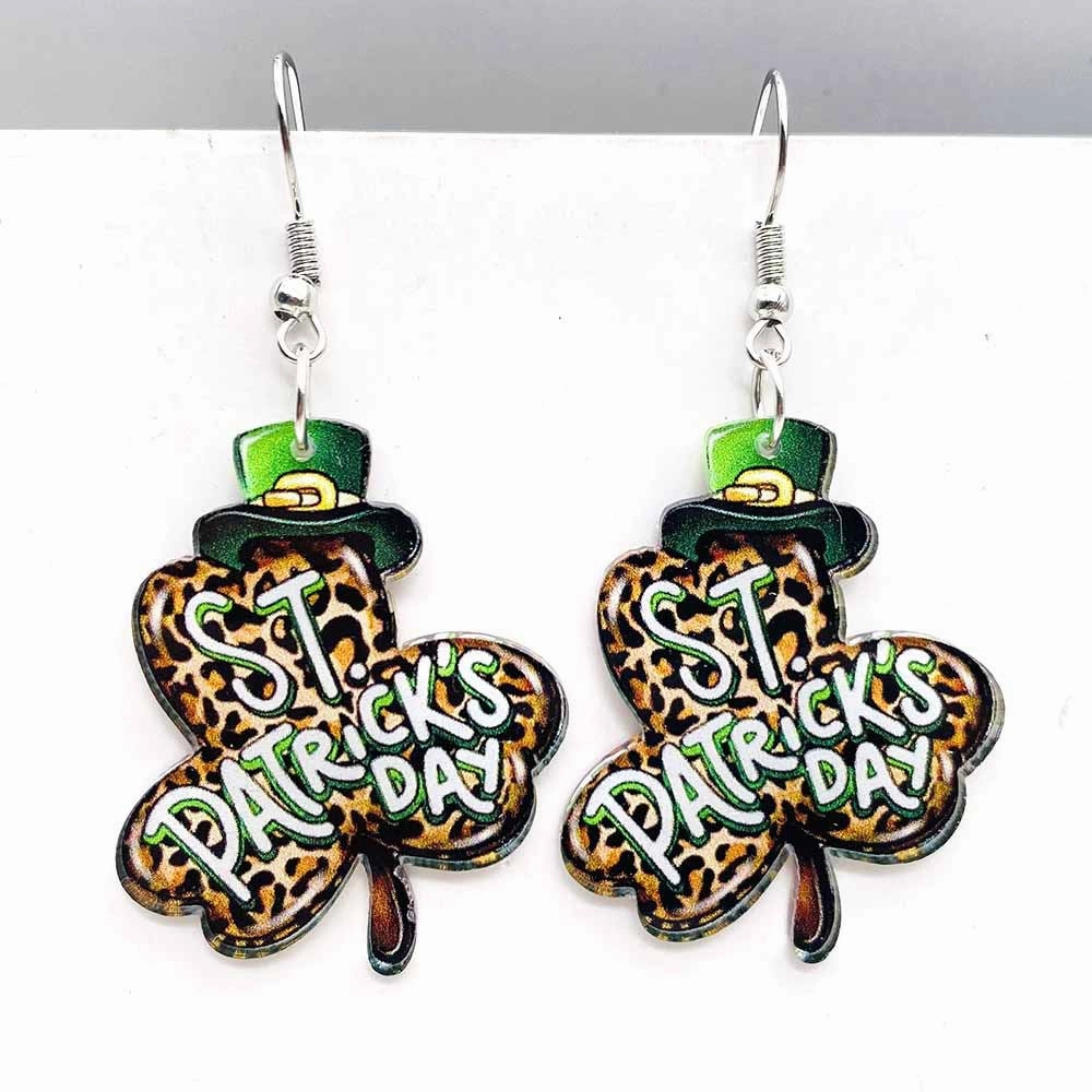 Wholesale St. Patrick's Day Leopard Pattern Clover Hat Dog Acrylic Earrings