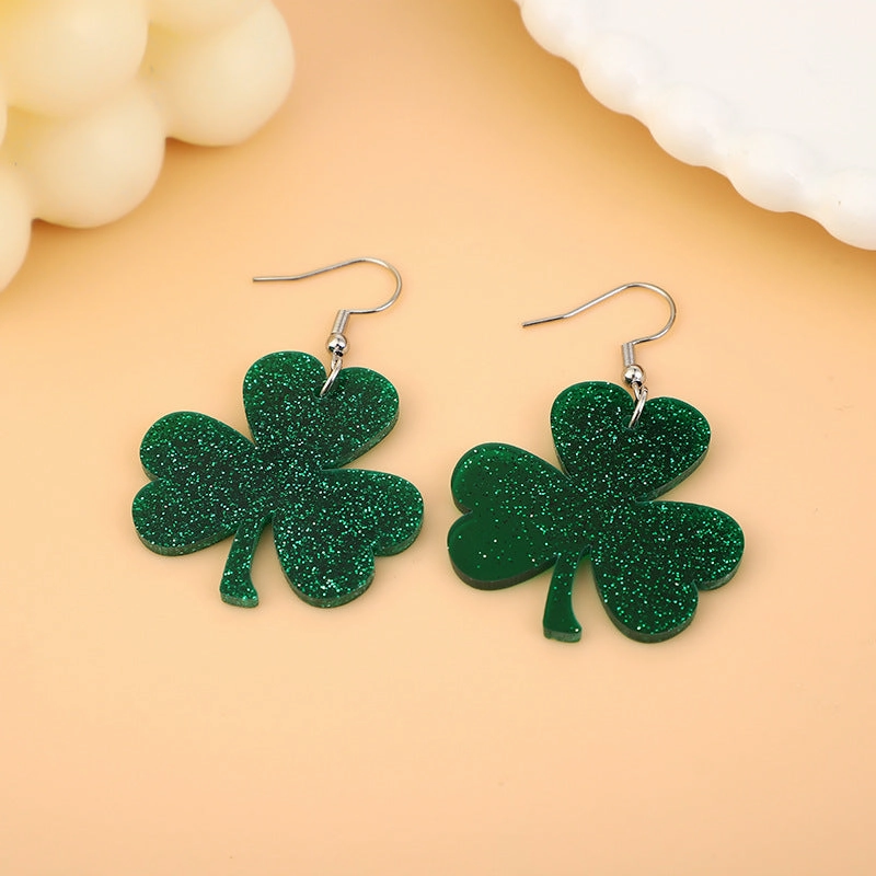 Wholesale St. Patrick's Day Stainless Steel  Carnival Personality All-Match Green Glitter Clover Earrings