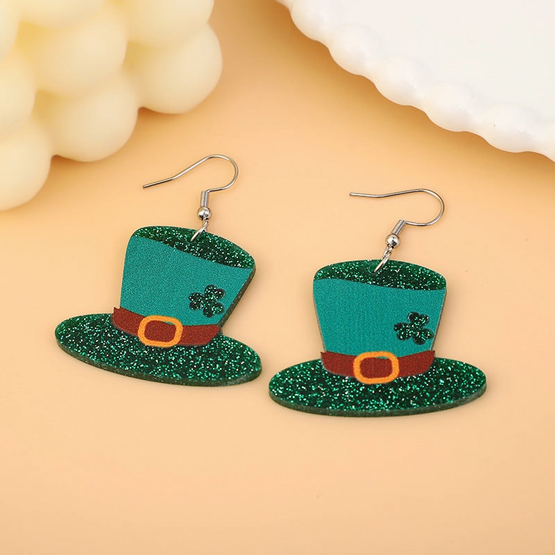 Wholesale St. Patrick's Day Stainless Steel  Carnival Personality All-Match Green Glitter Clover Earrings