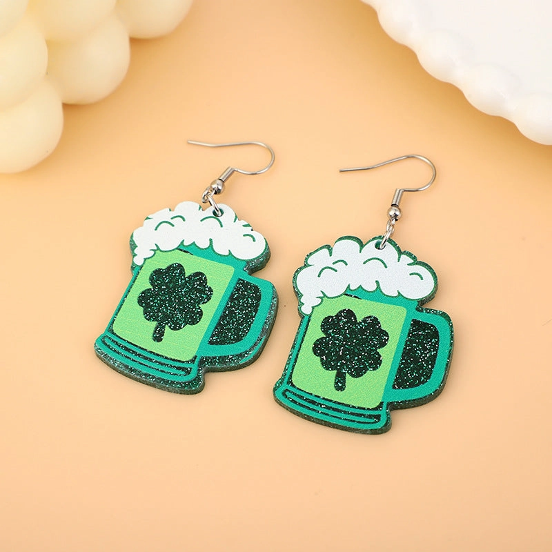 Wholesale St. Patrick's Day Stainless Steel  Carnival Personality All-Match Green Glitter Clover Earrings