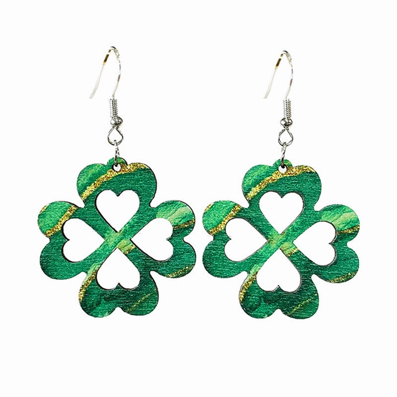 Wholesale St. Patrick's festival green March jewelry wooden simple hollow earrings
