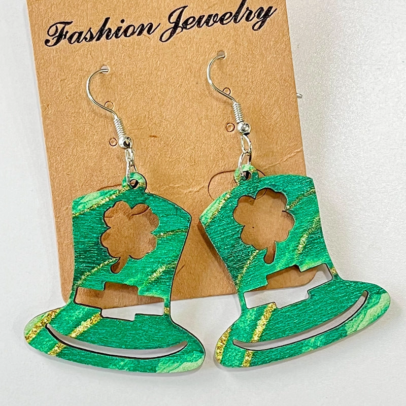 Wholesale St. Patrick's festival green March jewelry wooden simple hollow earrings