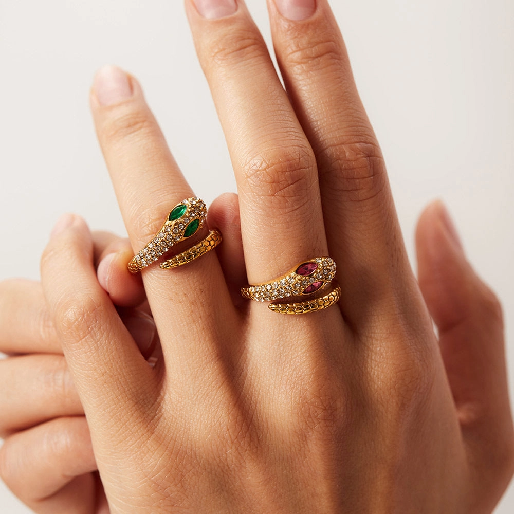 Wholesale Stainless Steel 18K Gold Plated Serpentine Zircon Ring