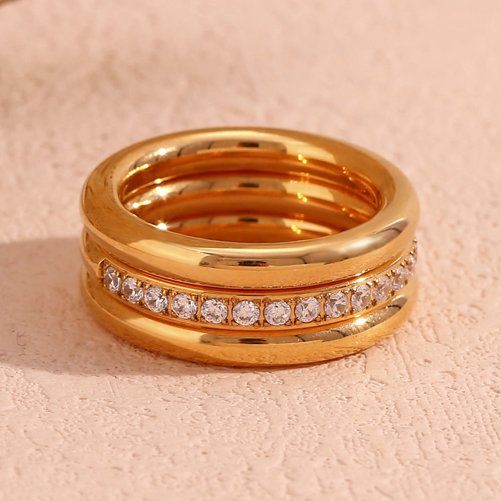 Wholesale Stainless Steel 18K Gold Plated Zircon Plain Three-layer Stacking Rings