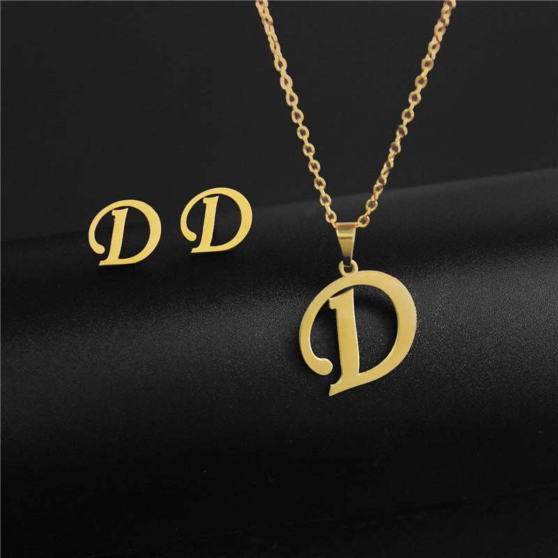 Wholesale Stainless Steel 26 Letter Necklace Earrings Two Piece Set